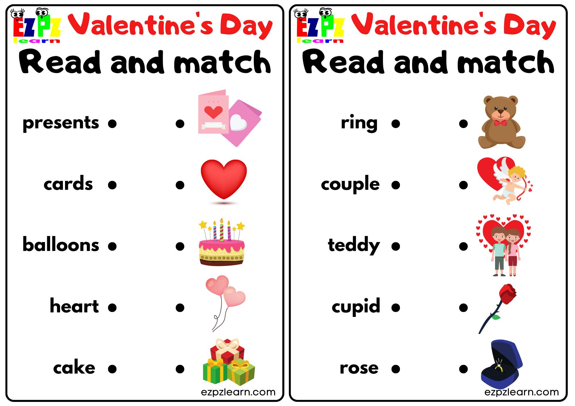Valentine's Holiday Read and Match. Free PDF Download